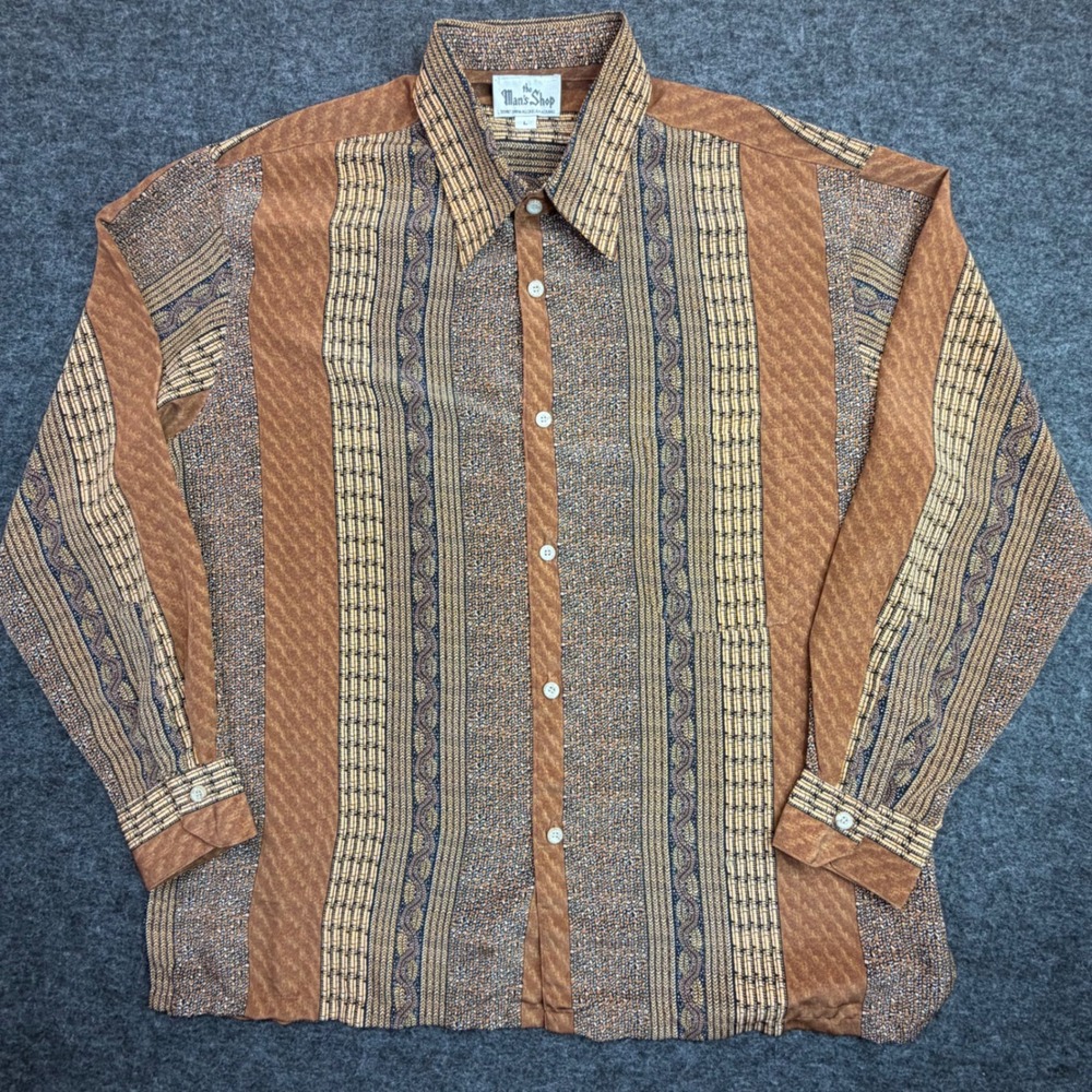 Vintage 90s The Man's Shop Button Down Shirt Mens L Brown Geo Stripe Made in USA